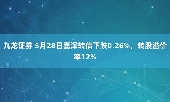 九龙证券 5月28日嘉泽转债下跌0.26%，转股溢价率12%